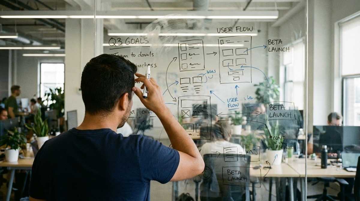 Man sketching a user flow and product planning diagrams on a glass wall in an open office workspace.