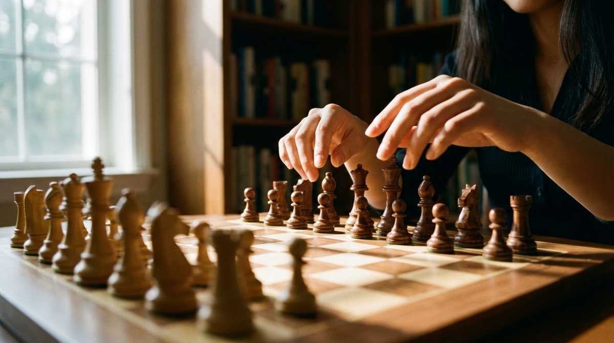 Close-up of a person’s hands arranging chess pieces on a wooden chessboard near a window, with bookshelves in the background.