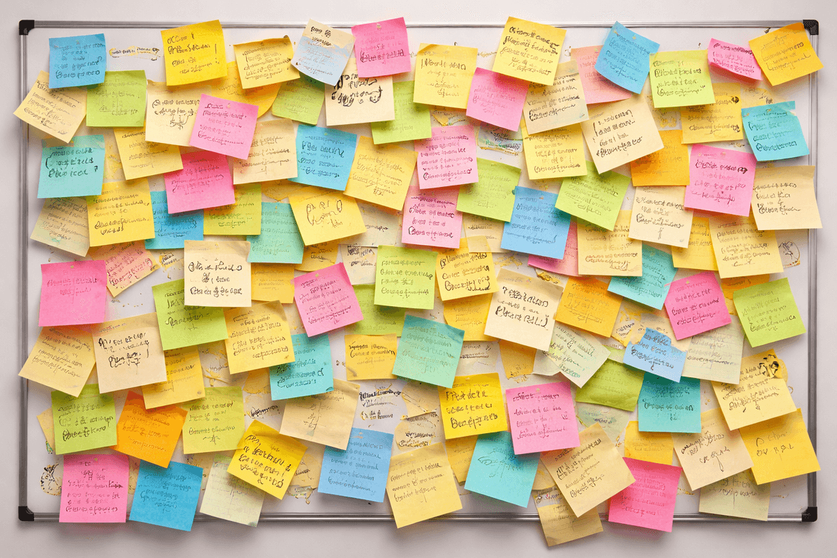 Sticky notes covering an entire whiteboard in a chaotic, overlapping mess — some crooked, some falling off, different colors, handwriting barely readable.