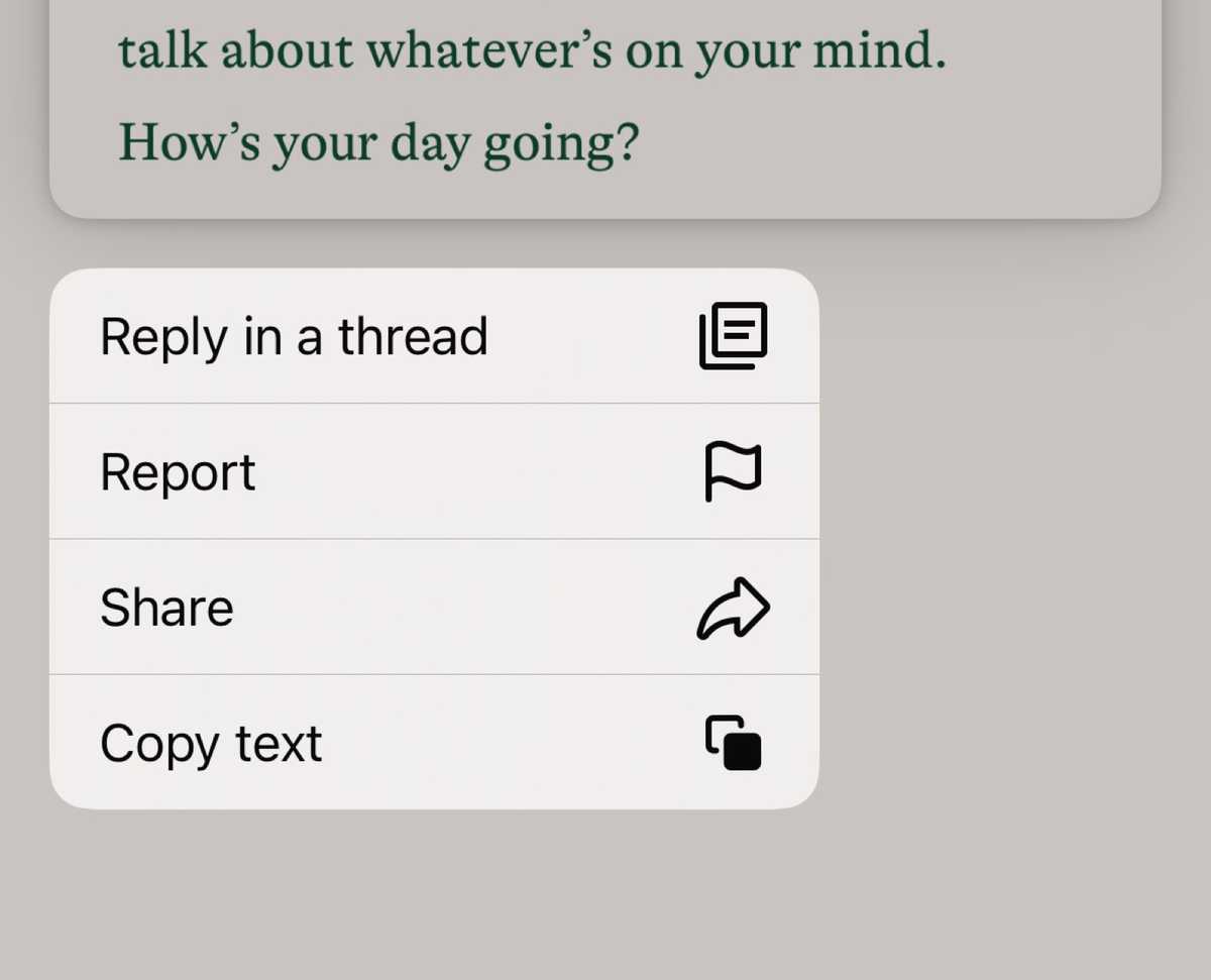 Messaging app context menu with options to reply, share, report, or copy a message