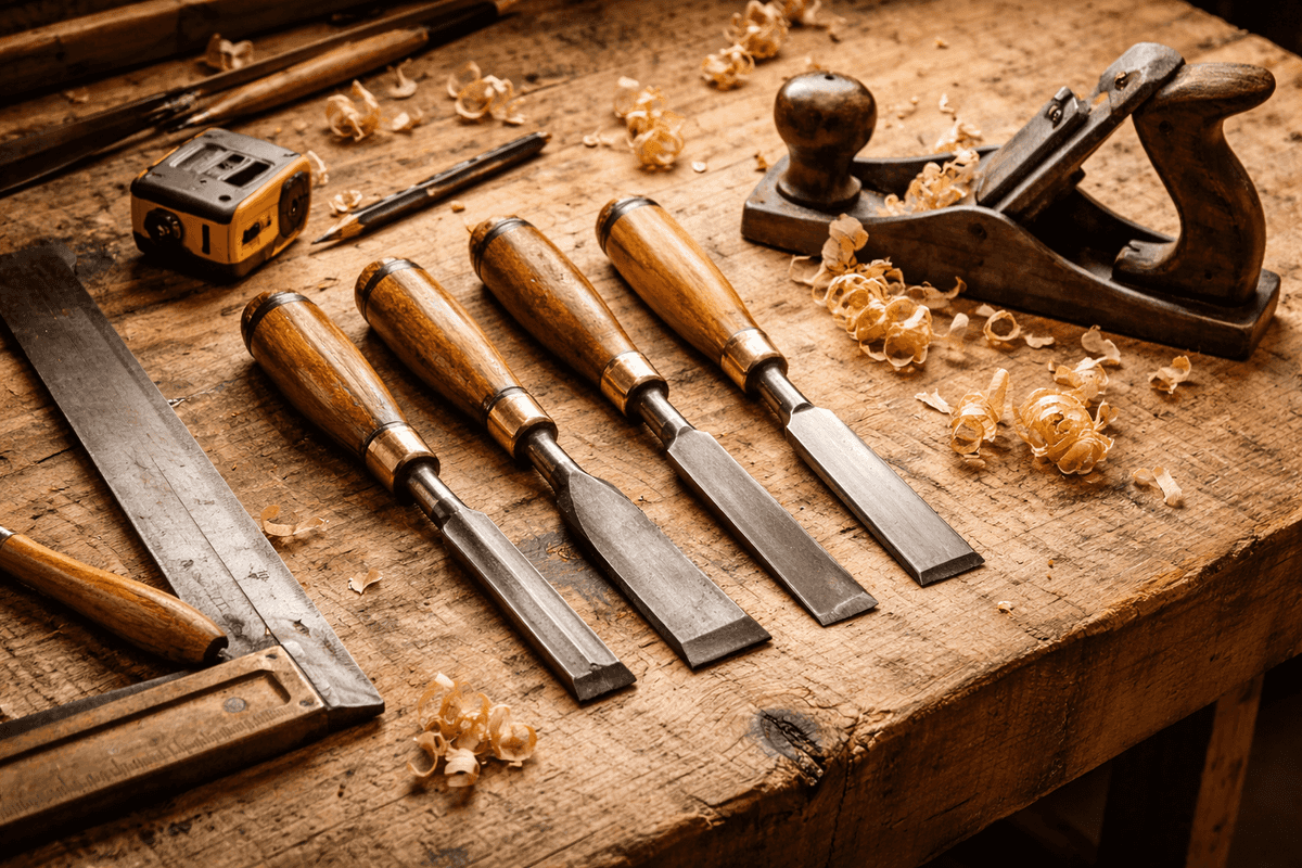 A carpenter's workbench with hand tools neatly arranged — chisels, a hand plane, measuring tape — all well-worn but carefully maintained, with wood shavings on the surface.